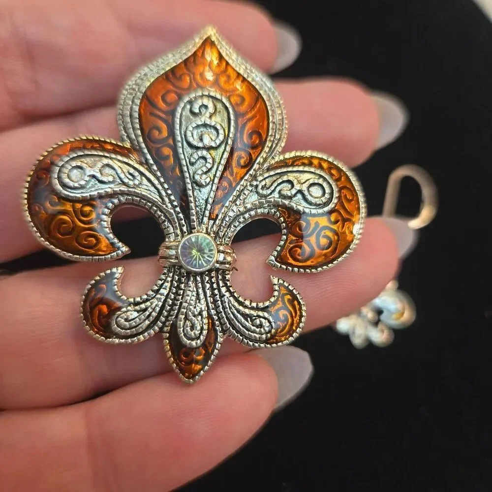 NEW Fleur De Lis Pendant / Pin with Earrings Silver & Orange